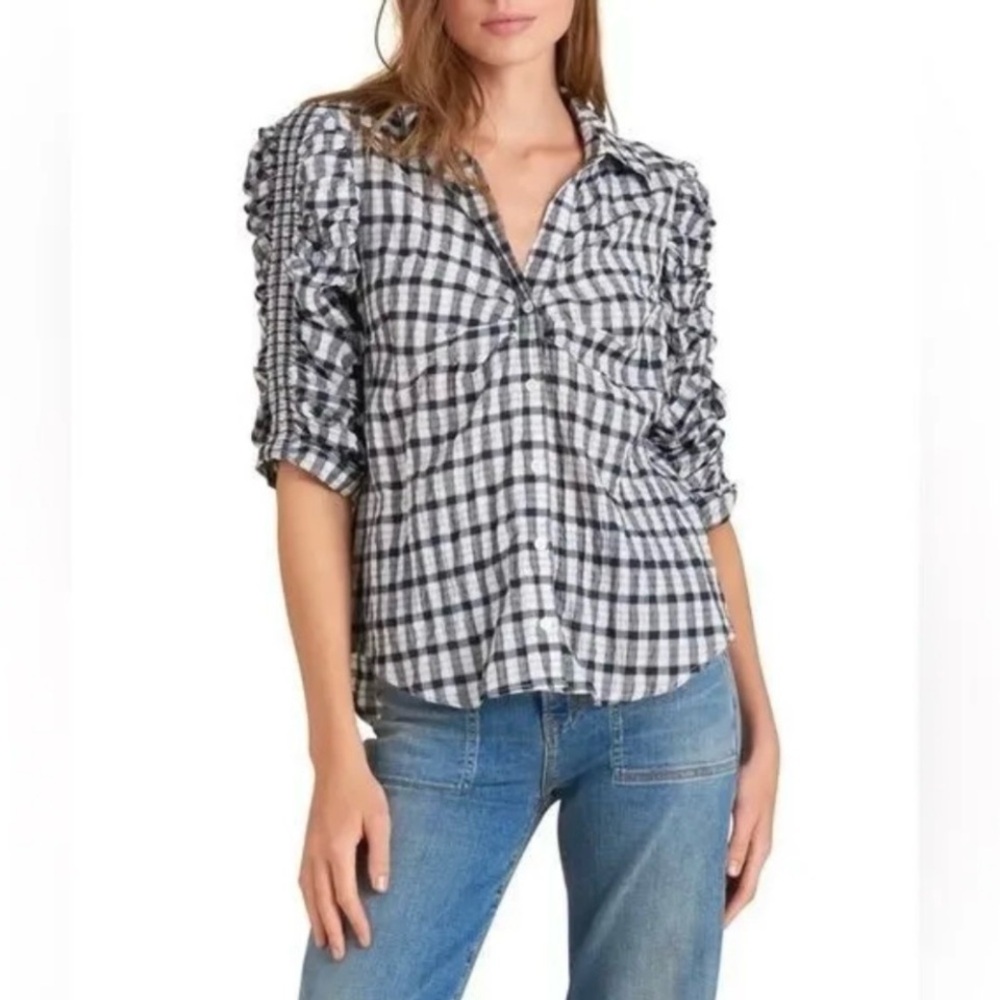 Veronica Beard Navy and White Plaid Ruched -Sleeve Blouse